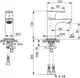 Technische Zeichnung eines Waschbeckenarmatur-Designs von Ideal Standard. Seitlicher und oberer Schnitt mit Maßangaben, einschließlich Montageposition und Anschlussdetails.